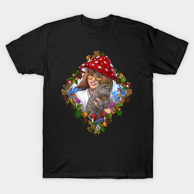 Hippie Mushroom Cat T-Shirt by underheaven